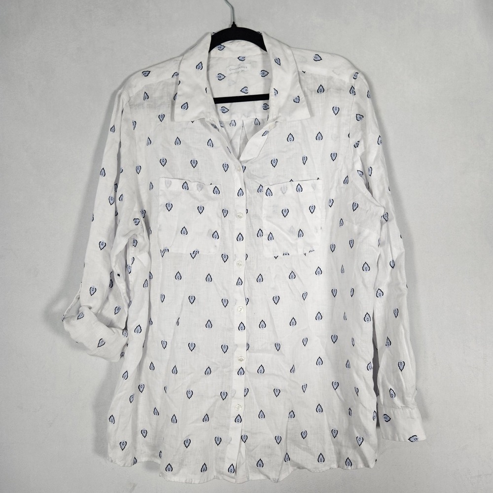 Charter Club Top Women's XL Linen White Paisley Roll Tab Sleeve Button Up Office